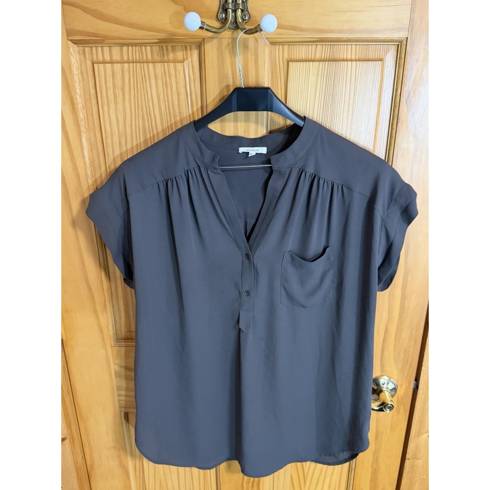 Pleione Womens XL Blackish Short Sleeve Blouse V Neck Pocket High Low Tunic Top